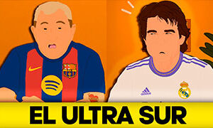 Tomy, el Ultra Sur, con camiseta del Real Madrid, cenando frente a su suegro del FC Barcelona en una animación de humor de MundoAyaki y Liomarrero.