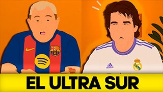 Tomy, el Ultra Sur, con camiseta del Real Madrid, cenando frente a su suegro del FC Barcelona en una animación de humor de MundoAyaki y Liomarrero.